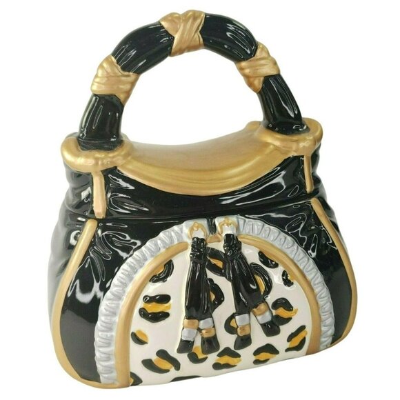 Davids Cookies Ceramic Purse Cookie Snack Jar Leopard Pattern Silver Gold Emboss - Picture 1 of 9